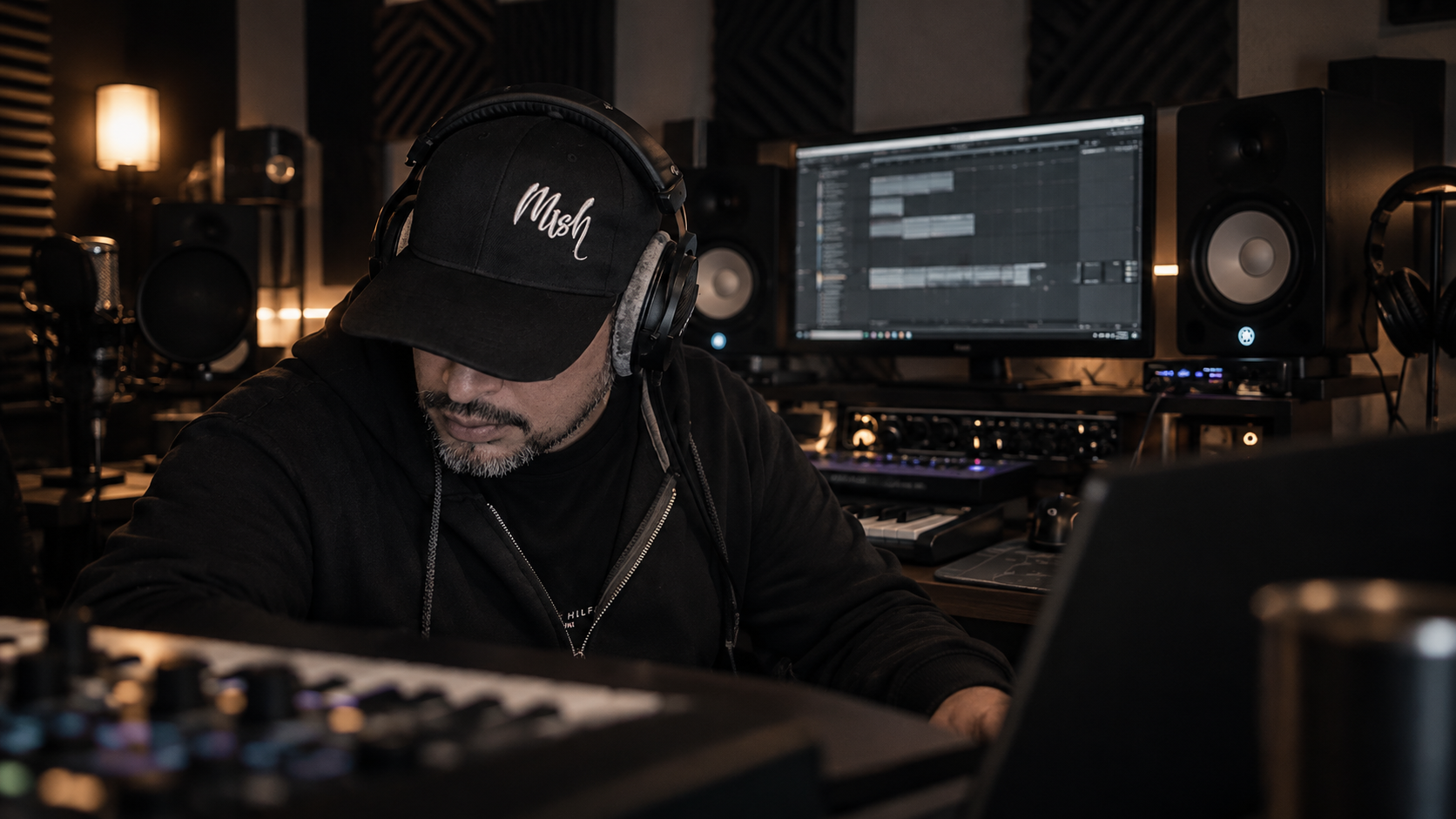 L Mish trabajando en su estudio de producción musical